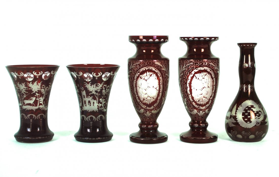 Bohemian Glass Vases: Two pairs and one odd. 8.75 x 6.25, odd 8.25. From a Prominent Kentucky Estate.
