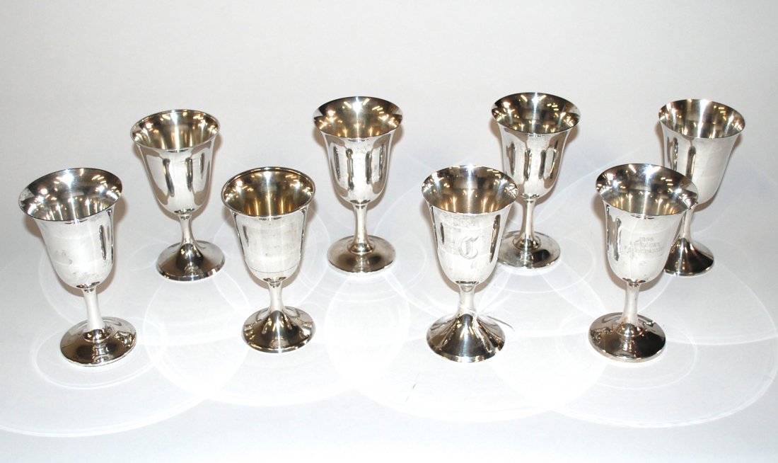 Assembled Sterling Goblets: Eight total four Wallace, two International and two odd. Only two monogrammed or engraved. 6.75H. 39oxt.