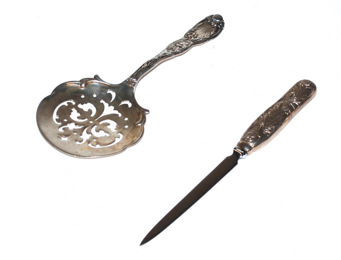 Tiffany Tomato Server and Letter Opener: Two Sterling pieces in Chrysanthemum pattern. Ornate handle letter opener. 2.5ozt on server.