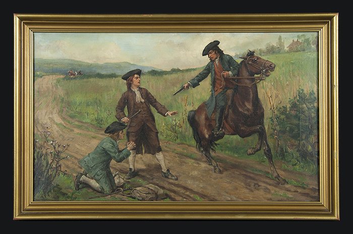 John Ward Dunsmore: Oil on canvas, titled "Frontispiece for Roderick Random". 14 x 24.