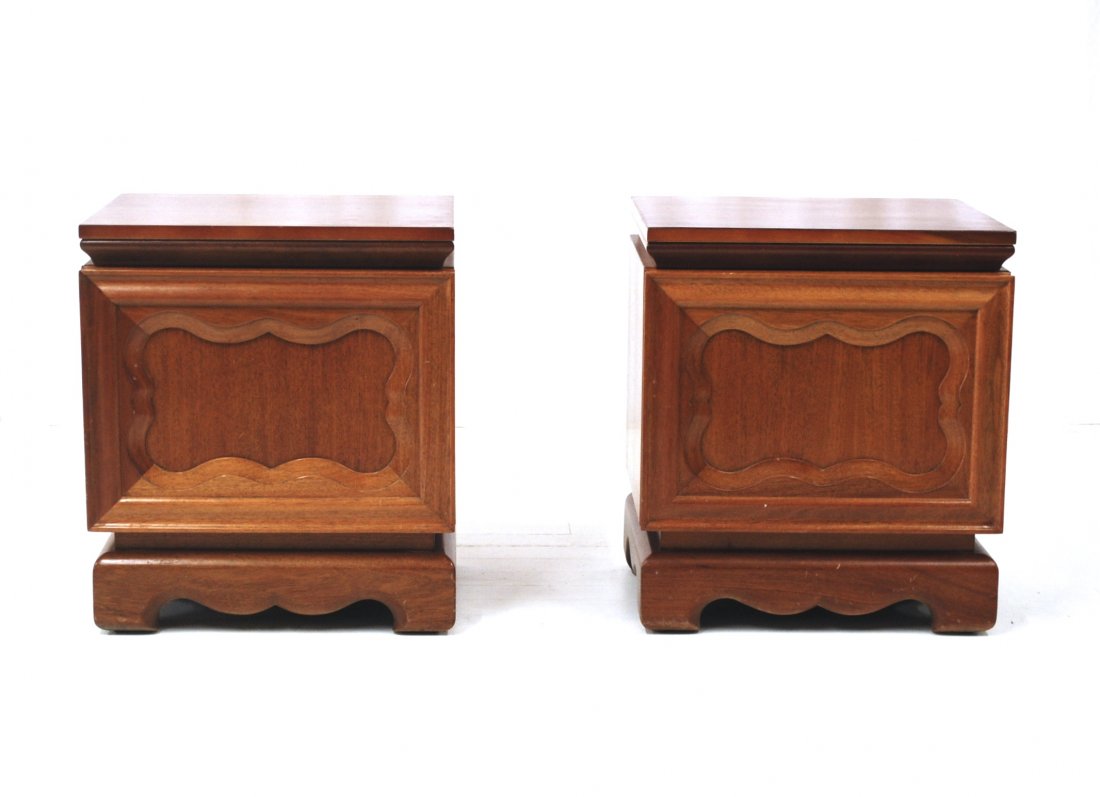 Grosfeld House: Pair of nightstands attributed to Vladimir Kagan with one door concealing interior drawers, Teak. Size. 22.5 x 18.75 x 25.5.