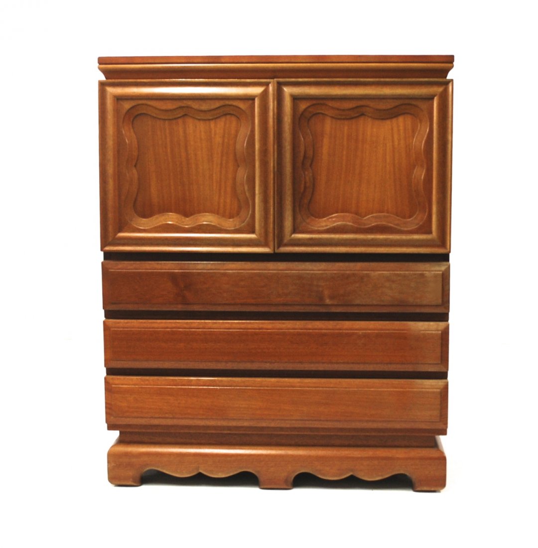 Grosfeld House Gentleman's Chest: Attributed to Vladimir Kagan. Three drawers and two doors concealing three interior drawers. Teak. Size 40w x 21.5d x 51h