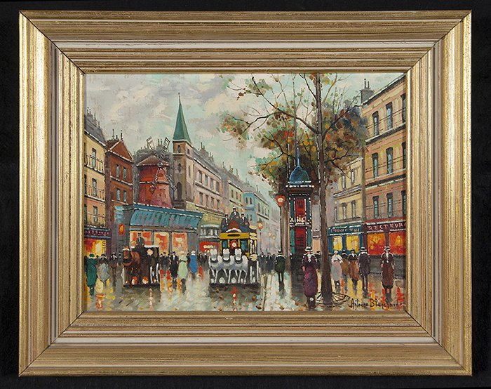 Antoine Blanchard: Oil on canvas of Paris street scene, signed LR. Housed in molded gold frame. This painting is being sold as where is!Size 12 x 16. Collection of Tom Powell.