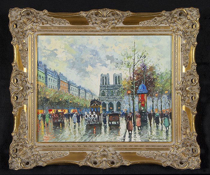 Antoine Blanchard: Oil on canvas of Paris street scene, signed lr. Housed in ornate molded frame. This painting is being sold as is where is! Size 16 x 20. Collection of Tom Powell.