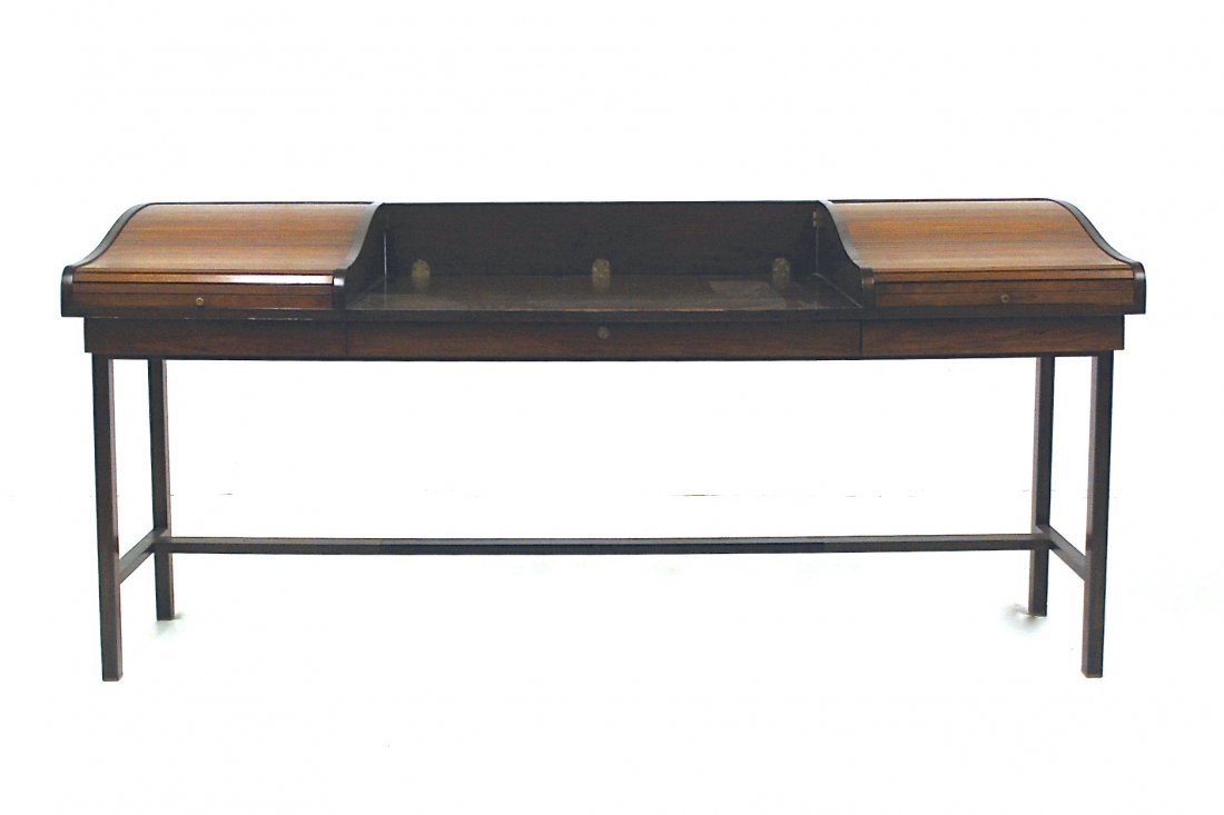 Edward Wormley: Desk, Dunbar, 1957, lacquered Mahogany, Rosewood, Brass, leather. Desk features three drawers and two tambour doors. Label to underside. Size 74.75w x 28.5d x 35H