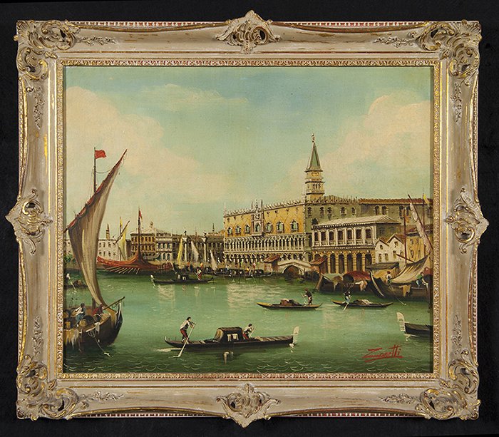 Paola Serra Zanetti (1886- ): Oil on canvas of Venetian harbor scene. Signed lr. Housed in molded frame. Size 19.5 x 23.5. Collection of Tom Powell.