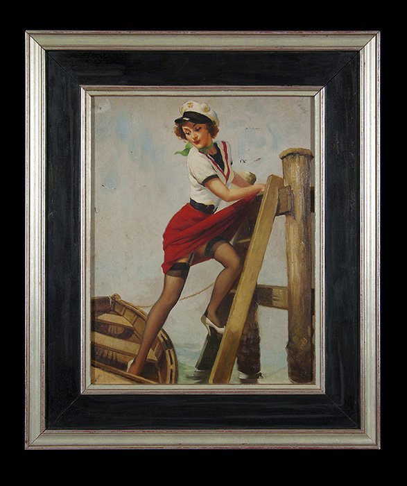 Pin Up Girl: Unsigned oil on board. Pin-up girl on ladder, while getting in a boat. Size 14.5 x 11.5