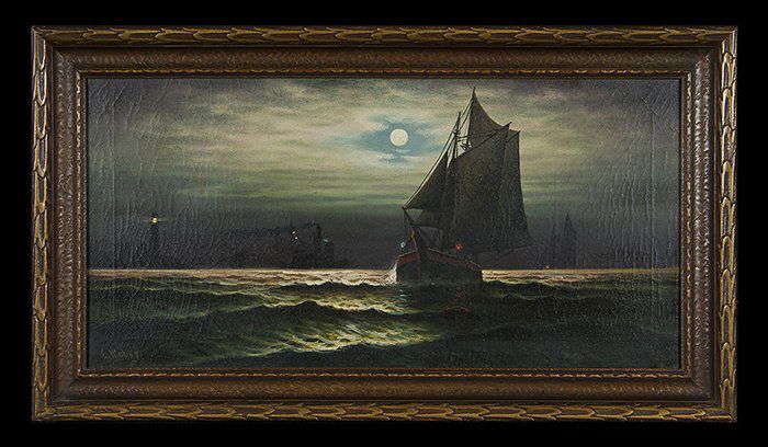 Wesley Elbridge Webber: Oil on canvas titled, "Ships in the Harbor". Known for his night scenes of sail ships in moonlight. Size 10 x 18