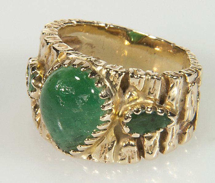 14KT Jadeite Man's Ring: Tested 14kt Jadeite man's ring. Approx. 7.8dwt including stones. Center stone has a couple of chips. Collection of Tom Powell.