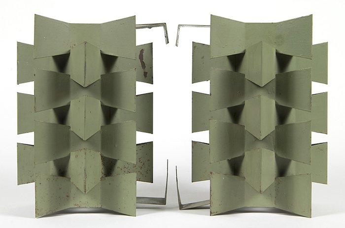 Max Sauze: Pair of sconces . Enamel and metal. No internal works. Enamel and steel. Size 8.5 x 9.5 x 11.5.