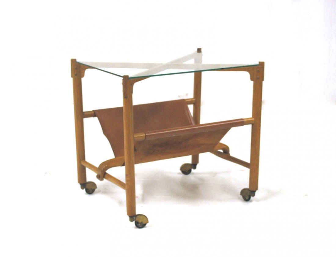 Harold Schwartz: Rare Magazine occasional table. Romweber, Oak , glass and leather and brass. Size, 18.5W x 25D x 23.5H.