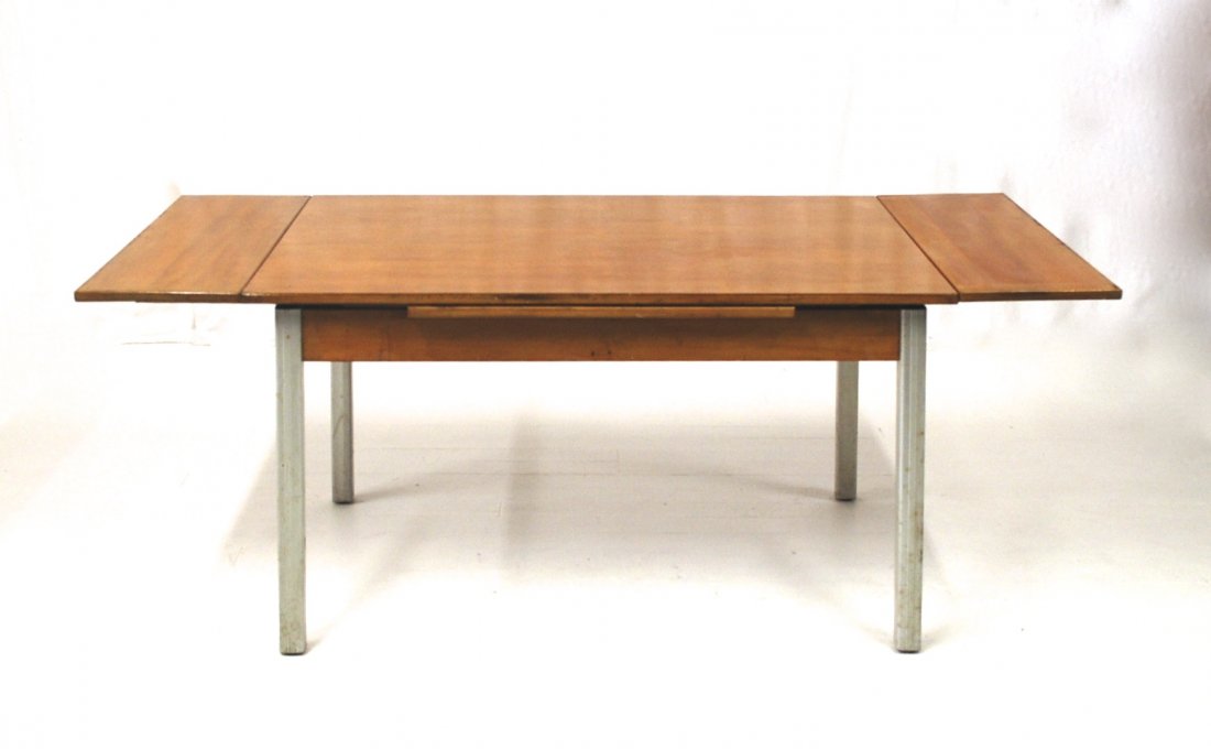 Lurelle Guild: Rare refectory leaf dining table. Kensington. Original label. Maple and aluminum. 76L x 34W x 29.5H