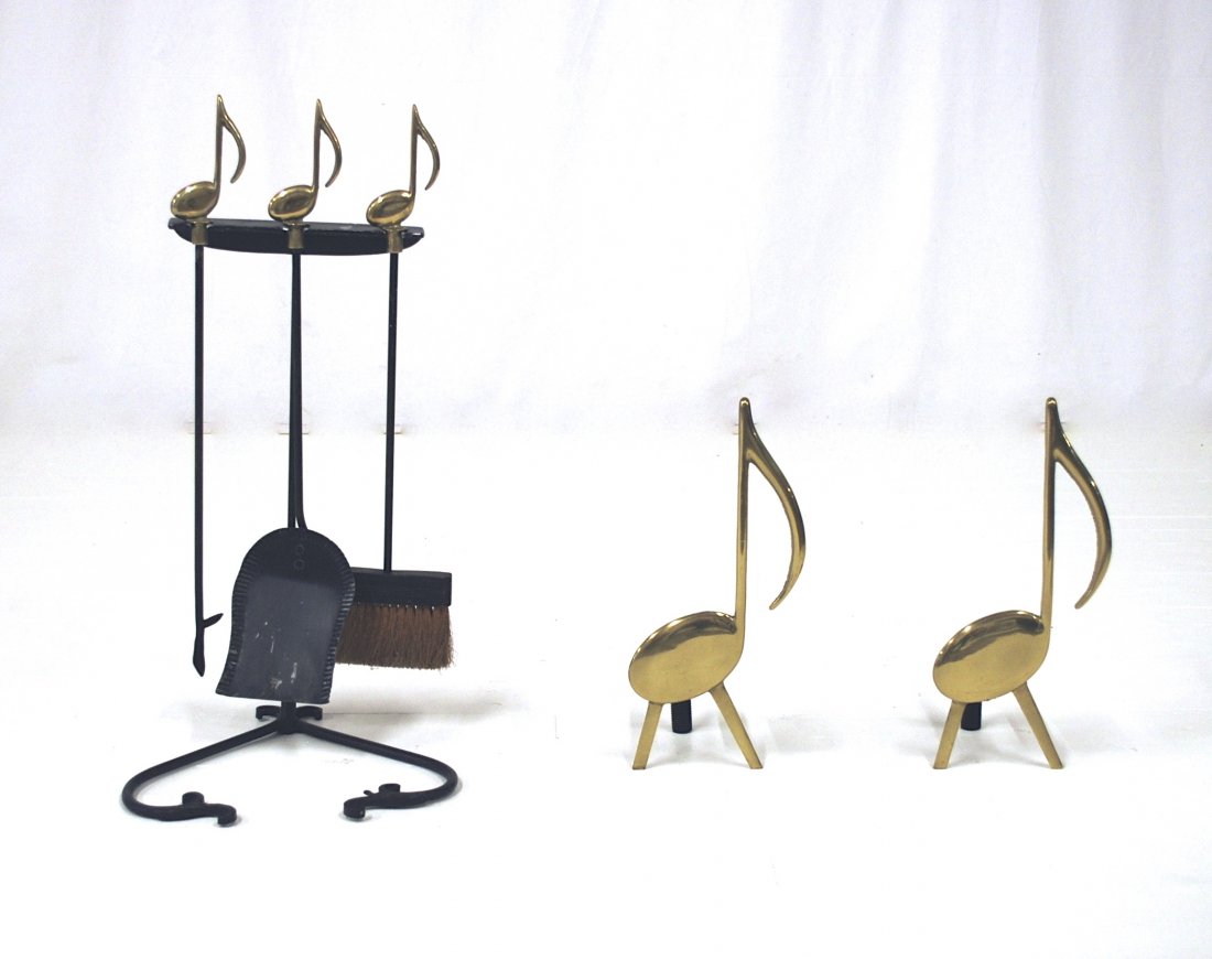 Musical Fireplace Accessories: Fine brass and iron lyre stand with musical notes, tools and andirons. Size 15w x 15d x 30h.