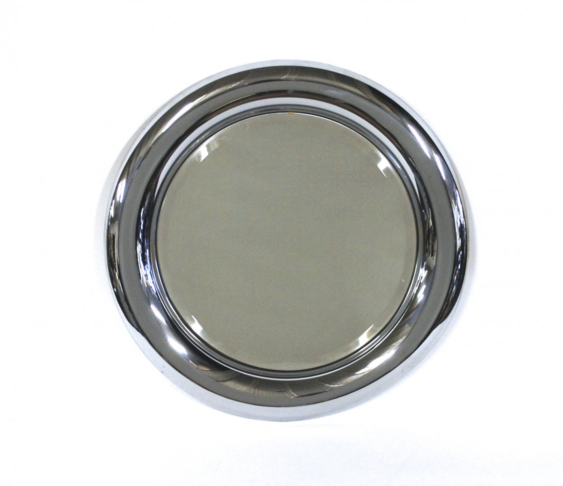 Italian Reggiani Studio Mirror: Round chrome plated metal frame. Size 27 diameter.