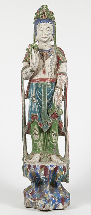 19th Century Chinese Goddess: Carved wood figure, old pedestal base with original applied paint. Ornate detail. Loss of paint. Structurally sound. Collection of Tom Powell. Size 8w x 8d x 32.5h.
