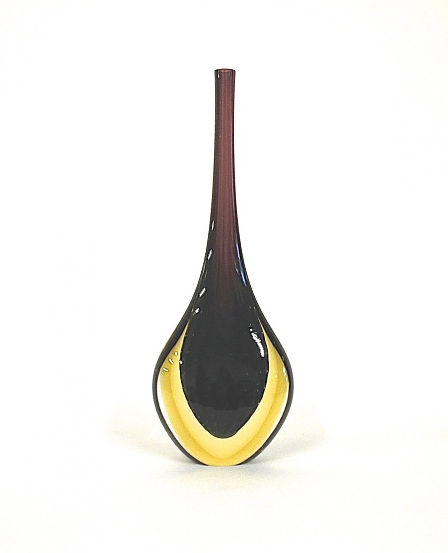 Luigi Onesto: Hand blown slender Murano vase, acid etched signature to underside. Size 6.5W x 3.5D x 17.75H