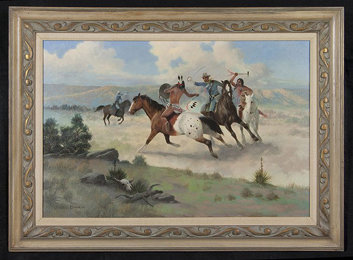 Charles Damrow (1916-1989): Oil on canvas. Cowboys and Indians on horseback in the west. Signed LL. Size 24 x 36