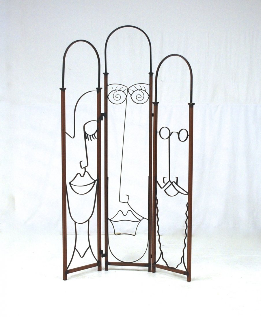Arthur Umanoff (Attribution): Rare iron and metal room divider. Possibly custom. Each panel with different character's face. Great unique design. Size 48W x 3.25D (Closed) x 82H