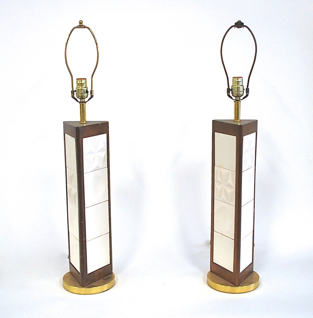 Saul Bass: Rare (possibly a prototype) pair of table lamps. Walnut, brass and Panoma tiles. One tile has tight line. Size 33H