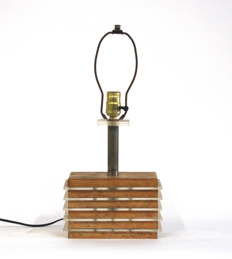 Gilbert Rohde (Attribution): Circa 1930's, table lamp. Cerused Oak, chrome plated metal and Lucite. Size 19H