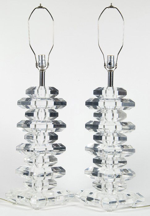 Karl Springer (Attribution): Heavy pair of layered Lucite table lamps, chrome plated shaft. No shades or finials. Size 31H