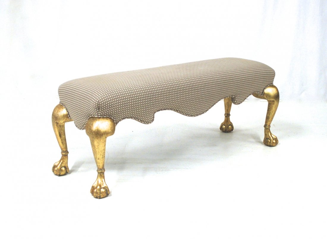 John Hutton (Attribution): Gilded Chippendale legs mounted to upholstered bench. Incredible upholstery. Size 53.5l x 17.5d x 21h.