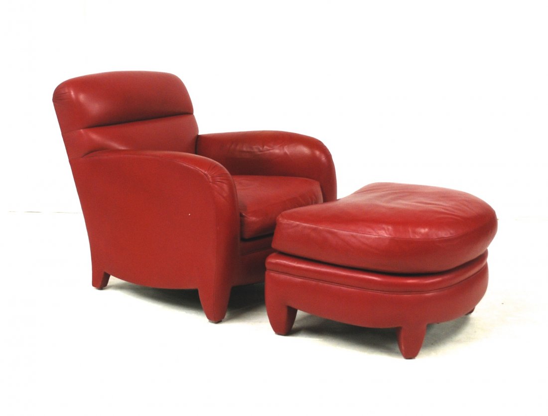 John Hutton: Fine Art Deco Revival club chair and ottoman. Edelman leather. Original cost $4800.00. Chair, 34W x 40D x 36H. Ottoman, 31W x 26D x 18H.