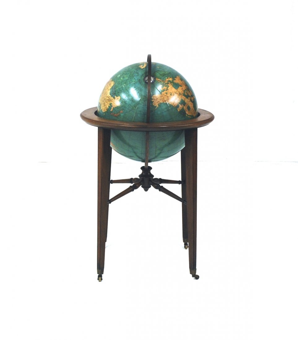 Kittinger Buffalo: Globe. Original label to underside. Mahogany, brass and fiberglass. 19 diameter x 34H