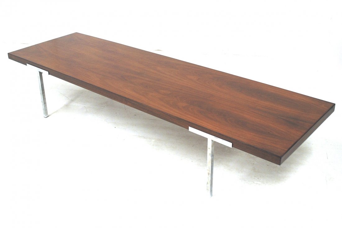 Milo Baughman: Large and fine rectangular Rosewood coffee table. Thayer Coggin. Rosewood and chrome plated metal. Size 87w x 26d x 17h.