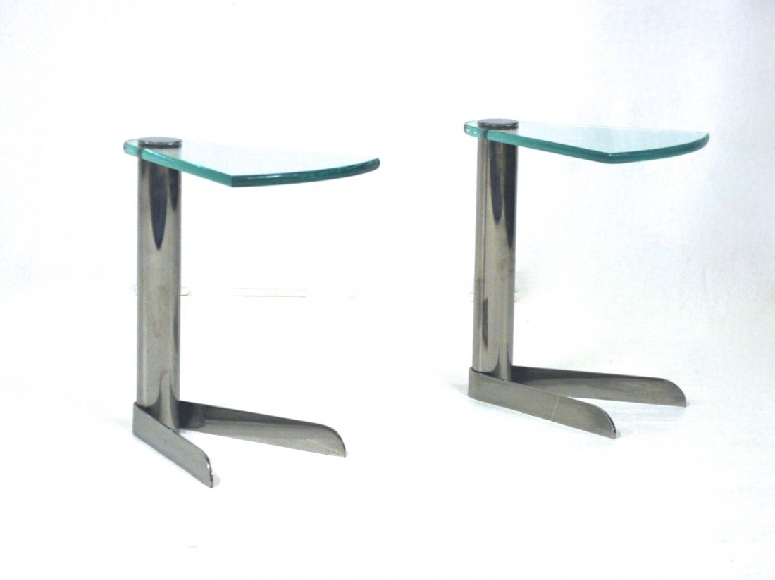 Leon Rosen: Pair of end tables. Stainless steel and glass. Pace. 14W x 18D x 20.5H.