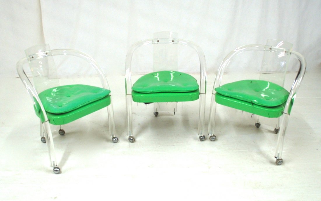 Charles Hollis Jones (Attribution): Three Lucite curve back arm chairs. Lucite and Vinyl. 24W x 19D x 29H
