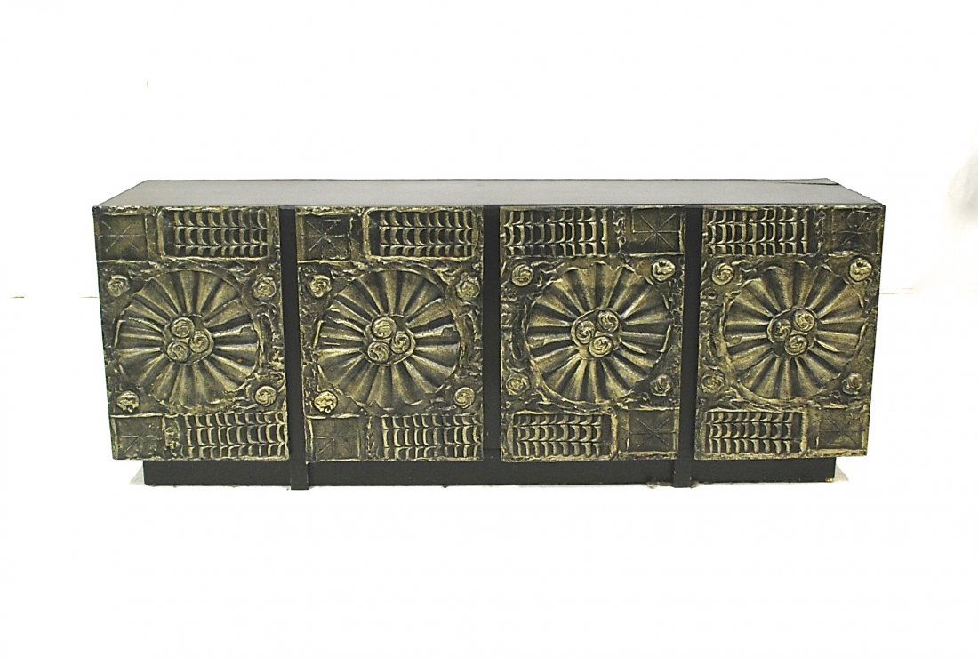 Adrian Pearsall: Credenza, resin over wood, four doors, one drawer. Resin, wood, black laminate. Craft Associates. Size 68.5w x 18d x 26.5h