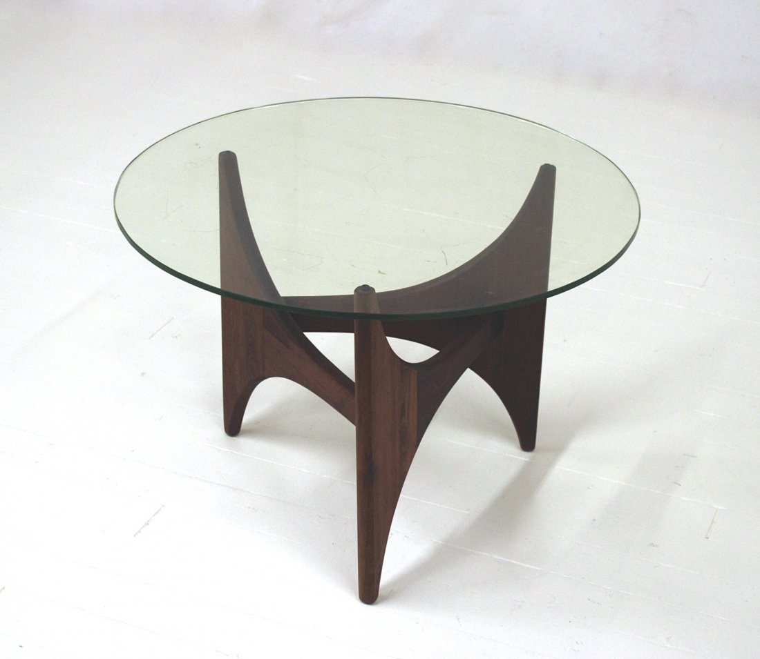 Adrian Pearsall: Occasional table. Walnut and glass. Size 19.5 dia x 20h