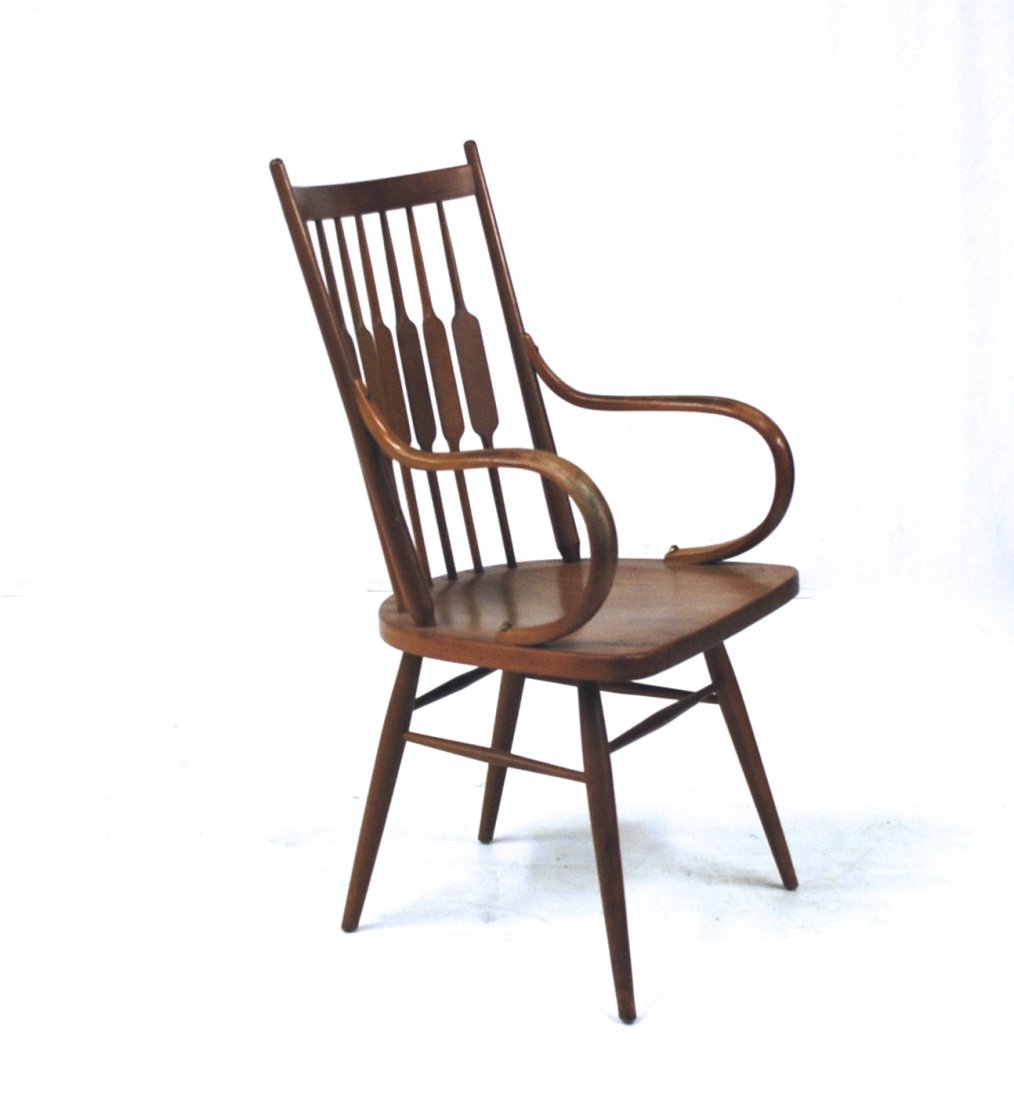 Kipp Stewart and Stephan MacDougall: Arrow back arm chair. Walnut and brass. Drexel. Structurally sound. No breaks or repairs. 21.5W X 19D x 39.5H
