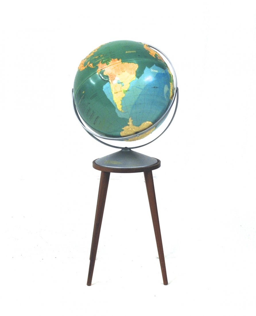 Kipp Stewart: Walnut globe stand, Drexel and colorful vintage globe.17 diameter x 37.5H