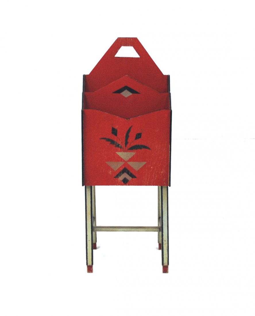 Paul Frankl (Attribution): Sky scraper magazine rack with red, black and silver lacquer with floral motif. 11.5W x 11D x 31H.
