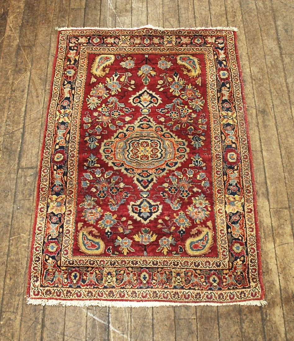 Sarouk: Red field, beige, black all over design. 60 x 39. Collection of Tom Powell.