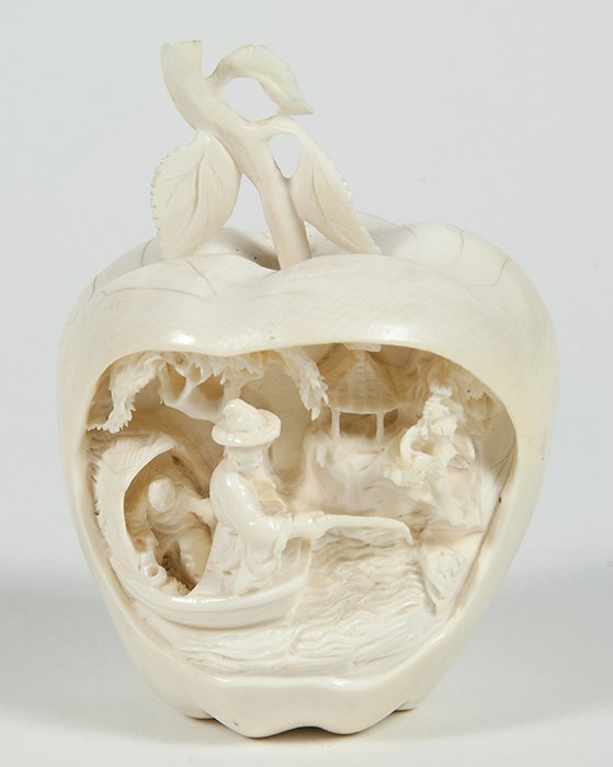 Chinese Carved Ivory Apple: Life size with one side cut away with scene of fishermen in boat at shore with trees and building, carved stem with leaves, circa 1920's, Size 3 diameter x 4.3 high.
