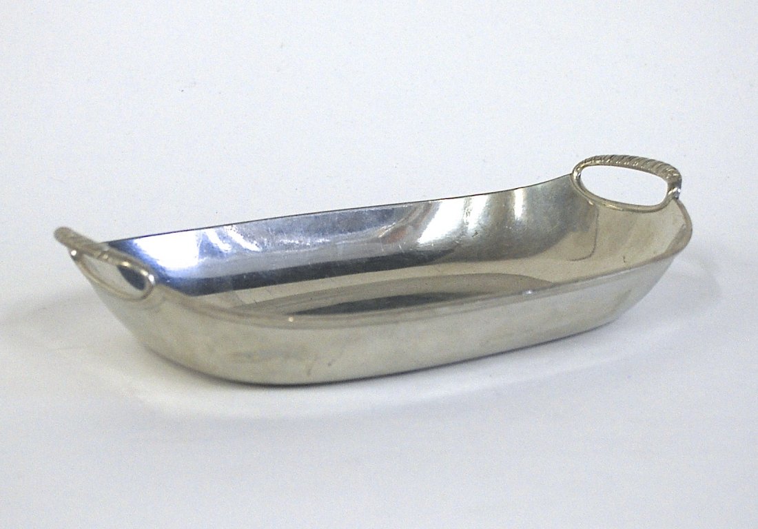 Just Andersen Bread Basket: Double handled basket. Silver plated. Manufacturer's mark to underside, Denmark, #2505. Size 11L x 6w.