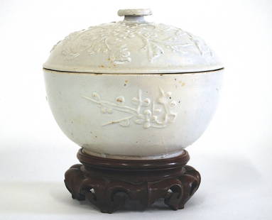 18th Century Chinese Covered Jar: Blanc de Chine covered jar with peony on stand, Qing Dynasty. Size of jar only, 8.5 diameter x 6H. Collection of Dr. Robert Kemper.