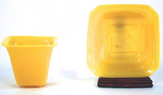 18th Century Chinese Yellow Glass Pot: 18th Century Chinese Yellow Glass Pot with saucer, Qing Dynasty. Size saucer 3.75 x 3.75. Pot 2.5H. Collection of Dr. Robert Kemper.