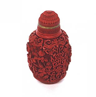 19th Century Snuff Bottle: Carved red lacquer, (Cinnabar) Qing Dynasty. Size, 2.5H. Collection of Dr. Robert Kemper.