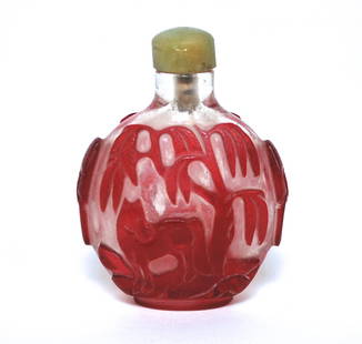 19th Century Snuff Bottle: Carved red and white glass, Qing Dynasty. Size, 3H. Collection of Dr. Robert Kemper.