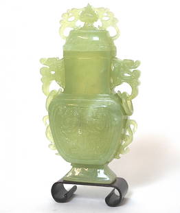 Chinese Jade Censor: Two piece lidded censor on newer Teak stand. Size, 8.25H (not including stand)