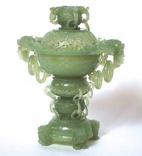 19th Century Chinese Jade Censor: Three piece jade censor with Foo Dog feet with ornate carving and rings. Size, 11H.