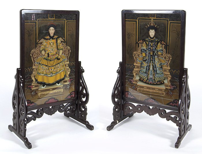 Chinese Reverse Paintings on Glass Screens: Fine pair beautifully painted Emperor and Empress mounted in carved teak floor stands. Size, 21.5 x 34.75 high.