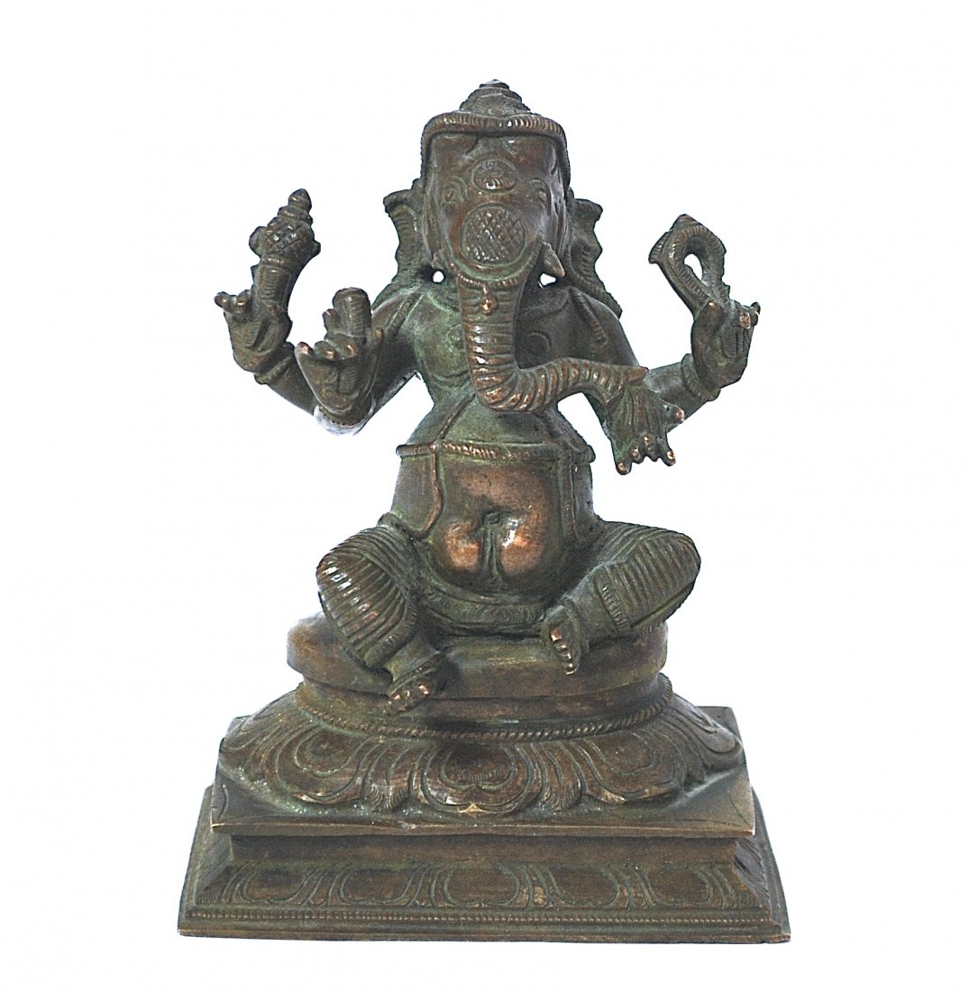 18th/19th Century Bronze Ganesh: Hindu elephant God, on lotus form base, with nice old patina, Size, 3.5W x 2.5D x 4.5Hhigh.