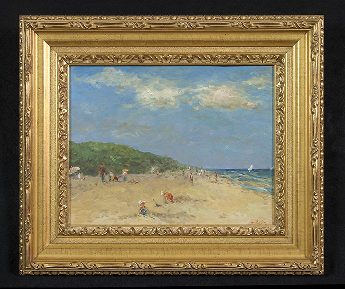 G. Bastian: Oil on Masonite, Beach scene. Size, 11 x 14. Signed LR.