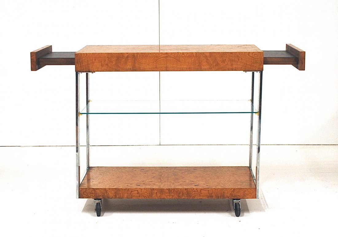 Milo Baughman: Serving cart. Two slide out trays, Thayer Coggin. Olive wood, chrome plated metal, plastic, glass and rubber. Size, 36W x 18D x 30.5H