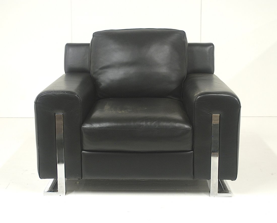 Milo Baughman (Attribution): Oversized club chair. Leather and chrome. Thayer Coggin. 44 x 38 x 34.